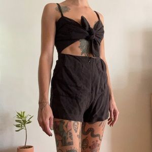 Reformation Black Tie-Top & Zip-Front romper with pockets size Small